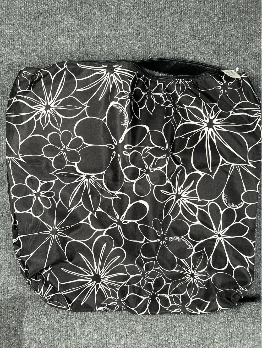 Neiman Marcus Black Floral Print Tote Bag with Pink Lining